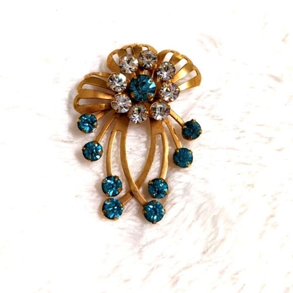 Vintage 50's Teal Blue & Clear Rhinestone Floral Spray Brooche - Picture 7 of 10
